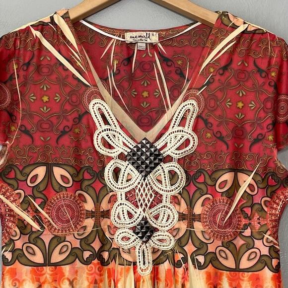 One World Sz Small Y2K Hippie Boho Fairy Sublimation Babydoll Tunic Top Mori Kei - Picture 4 of 12